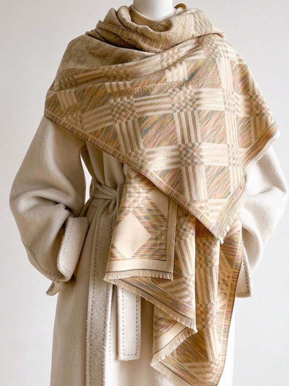 Neutral Multicolor Patterned Jacquard Scarf | Faux Cashmere | Double Sided